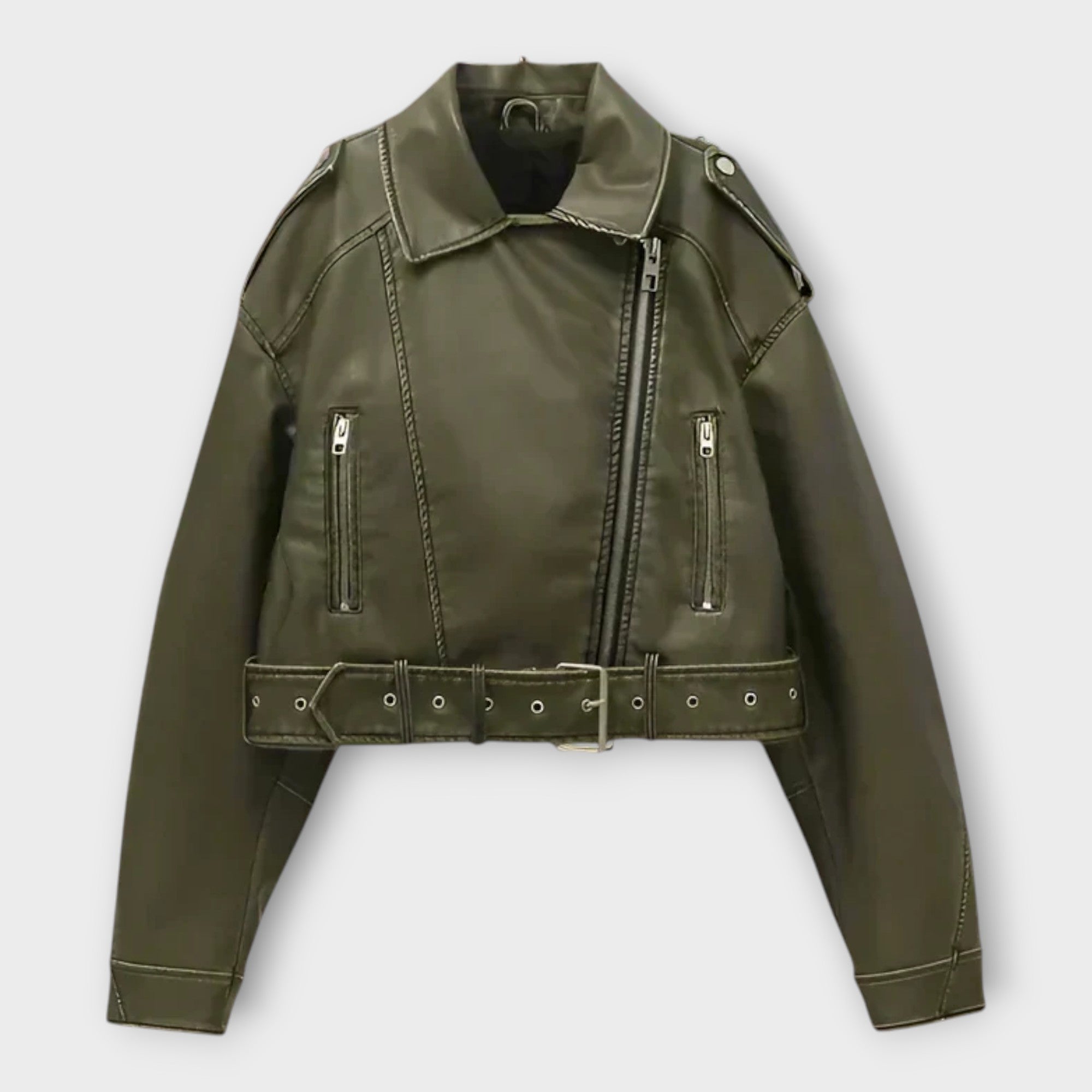 Moodne lühike nahktagi vööga ja elegantne välimus